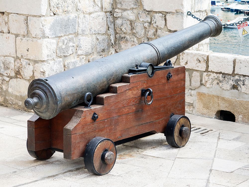 Croatia-Dubrovnik. A defense cannon on top level of Fort Lovrijenac.